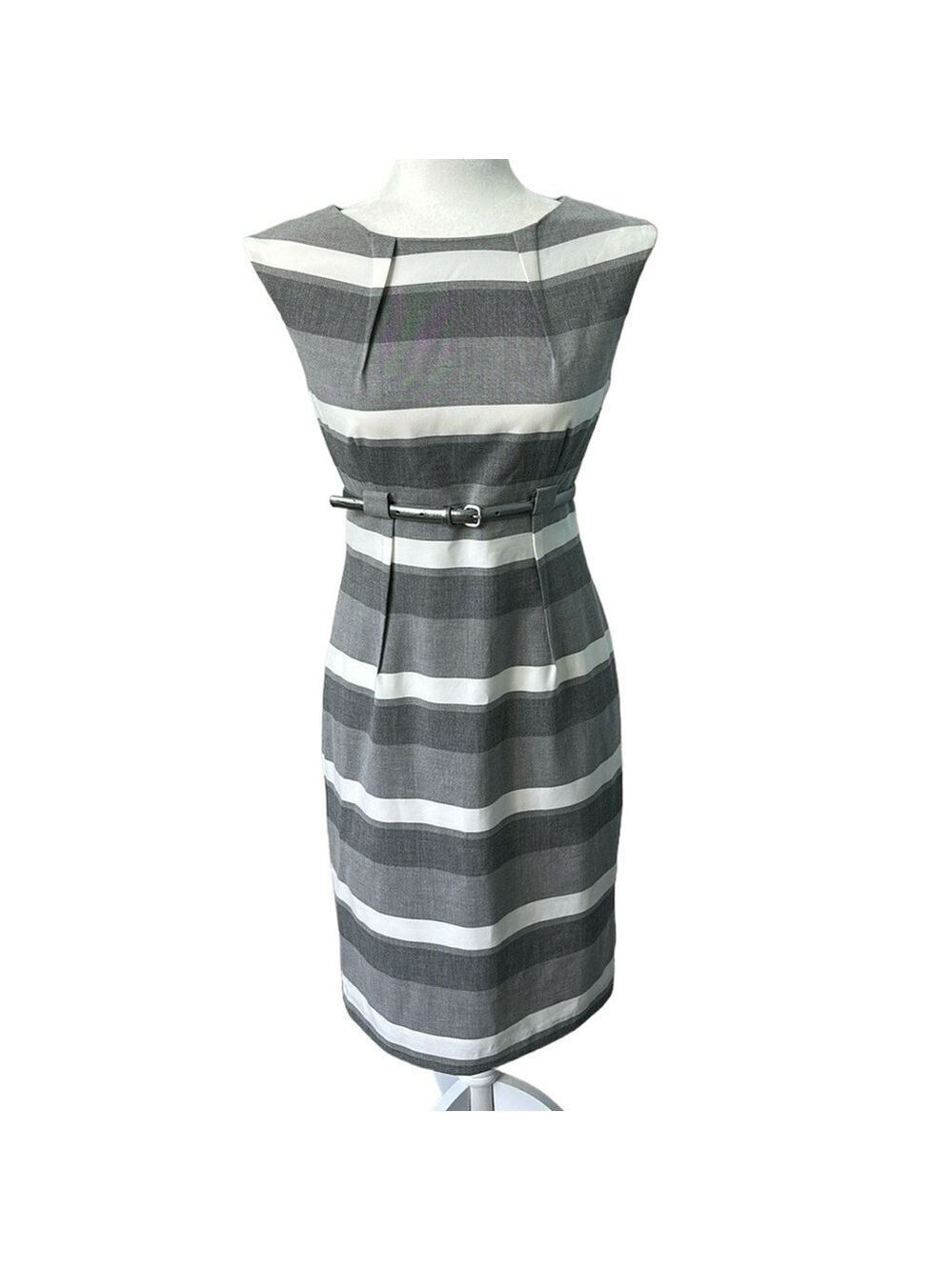 Calvin Klein Sheath Dress Grey White Striped Silver Belt Size 4